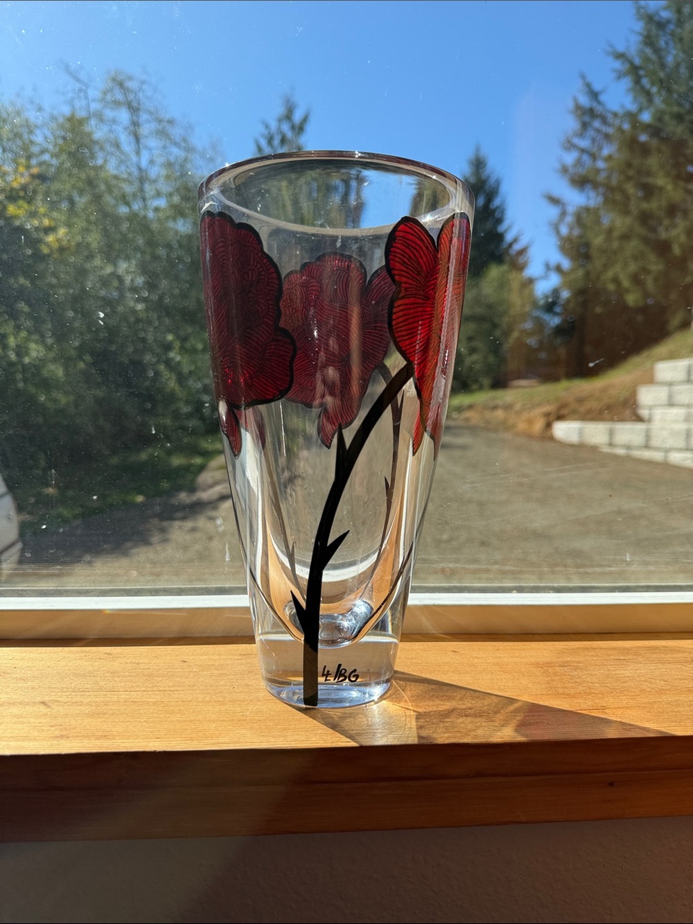 Clear Glass Vase with Red Floral Design by Ludvig Löfgren